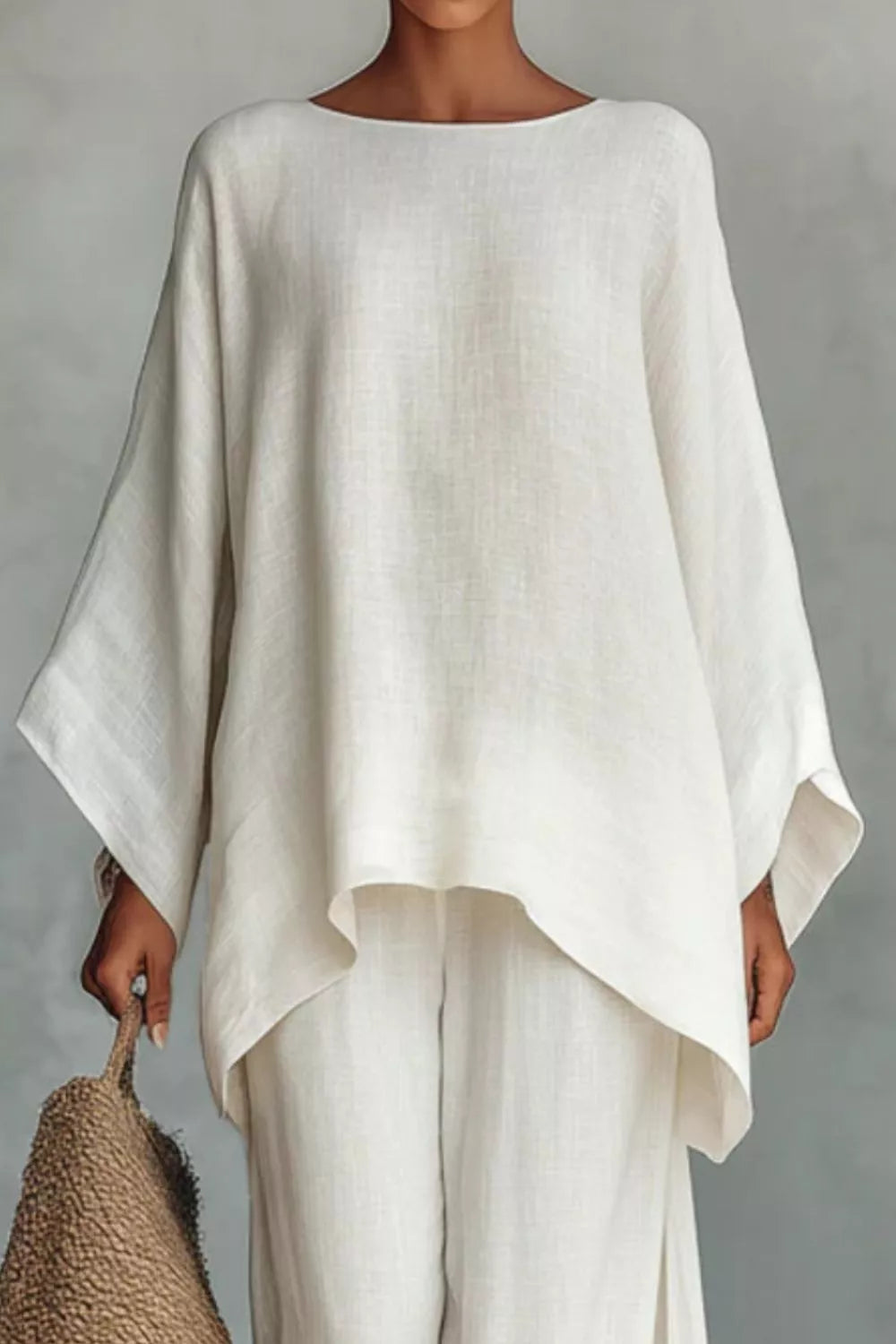 Two-piece long-sleeve top and wide-leg pants set, white loose tunic top with dolman sleeves