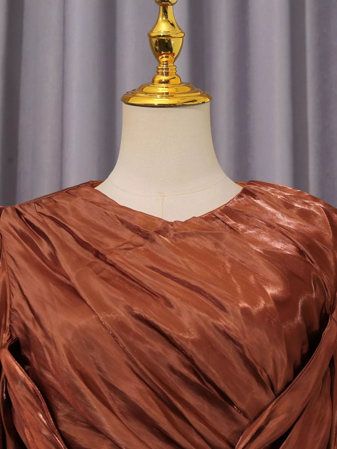 Coffee-brown draped long-sleeve maxi dress with V neckline detail