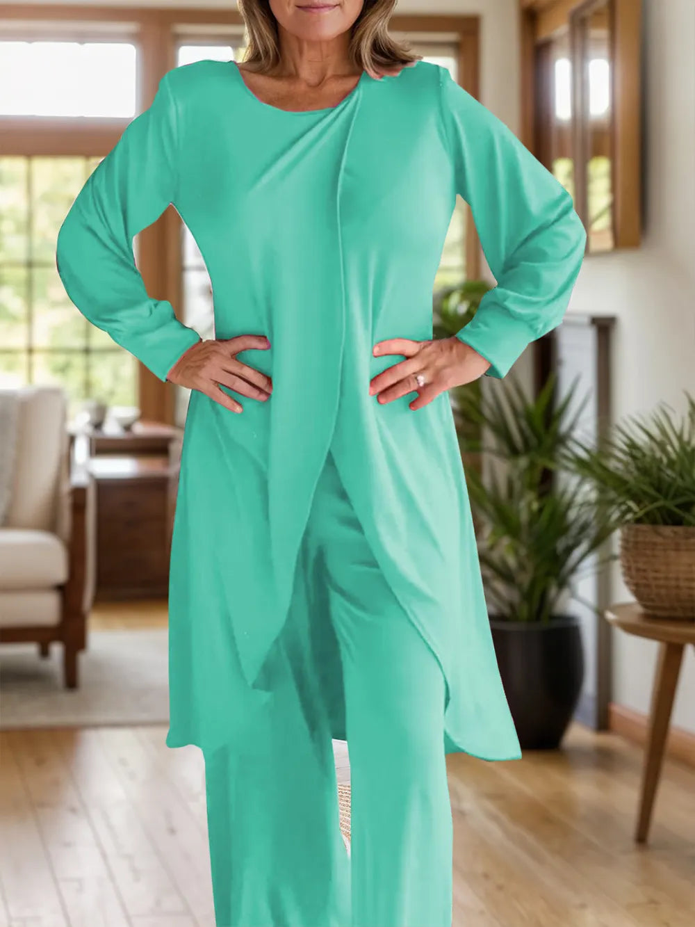 Turquoise long sleeve top and wide-leg pants set with front slit detail