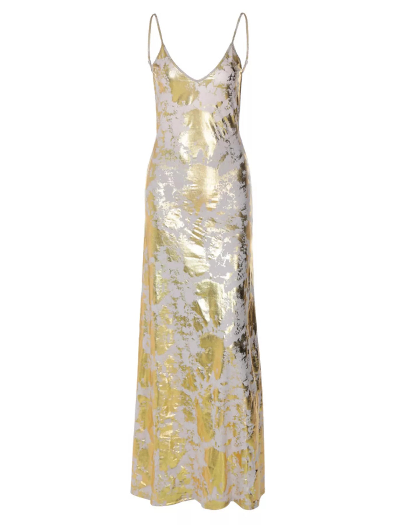 Gold backless V-neck maxi dress on hanger: spaghetti straps and full-length skirt