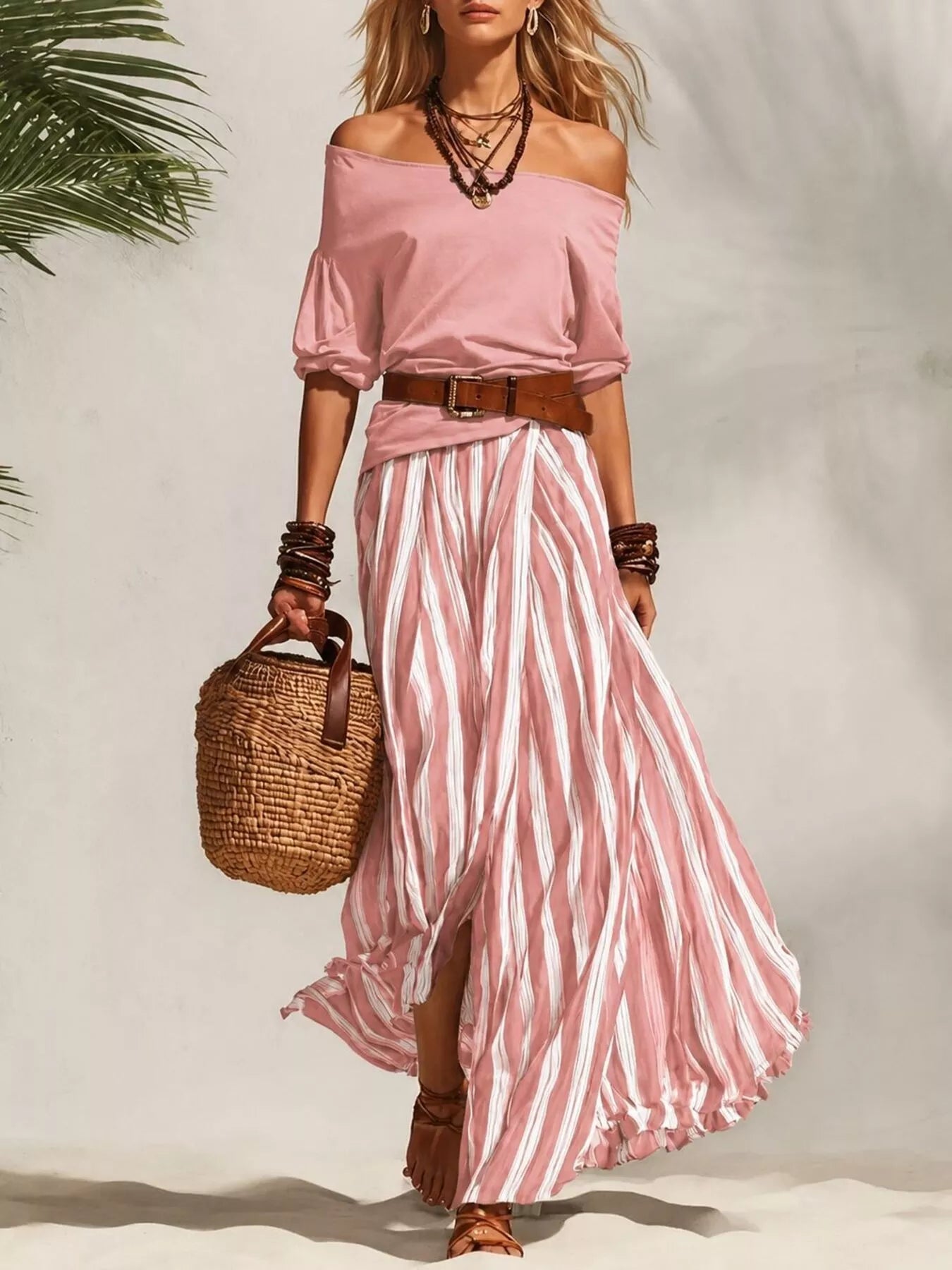 Pink off-shoulder top with pink-and-white striped maxi skirt, belted waist