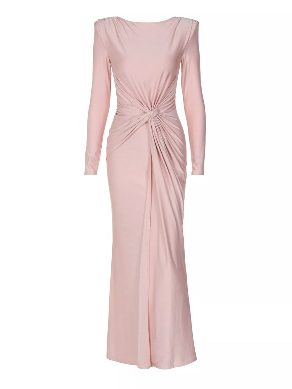 Light pink twisted long sleeve maxi dress with ruched waist knot and straight skirt