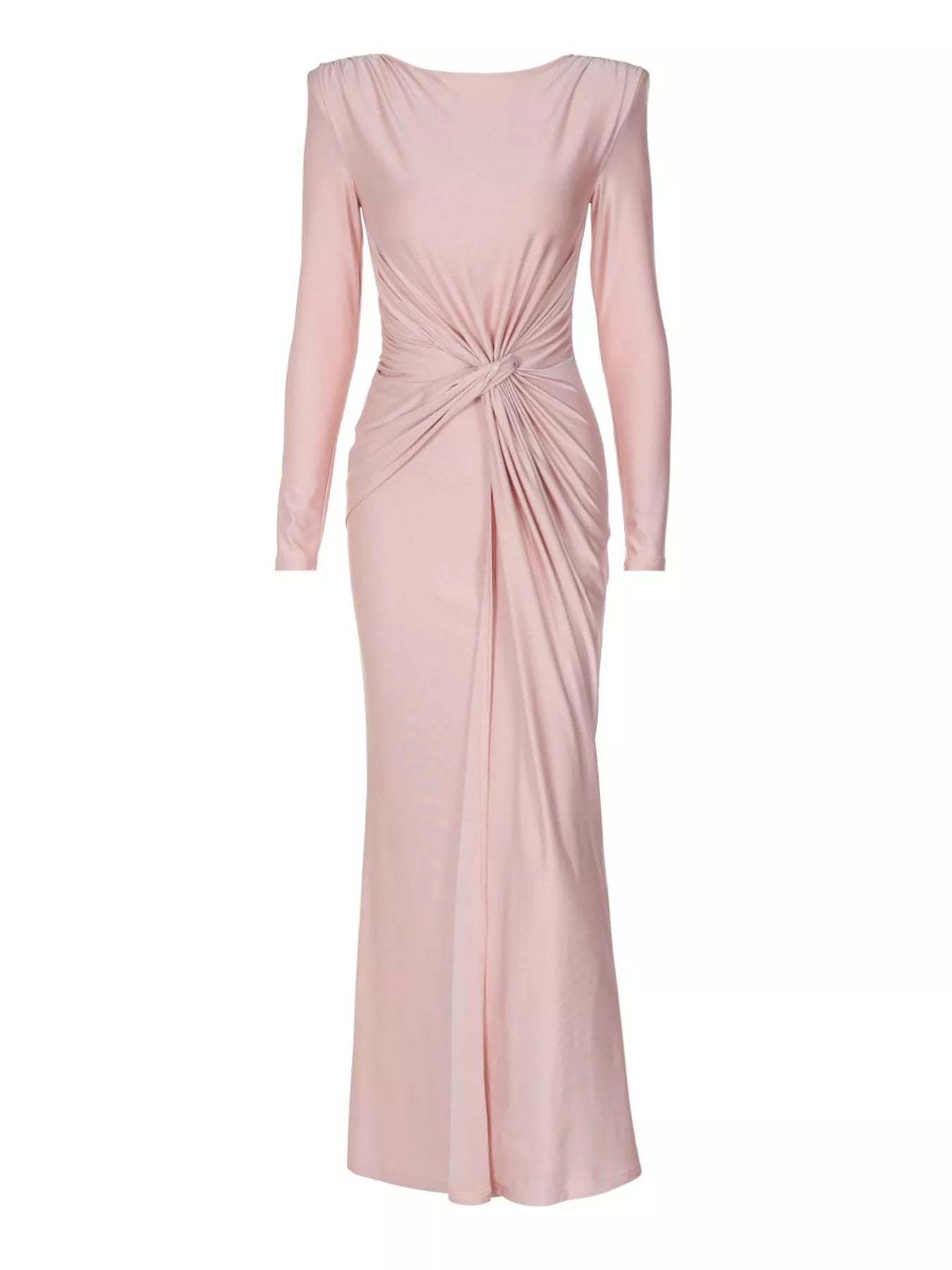 Light pink twisted long sleeve maxi dress with ruched waist knot and straight skirt