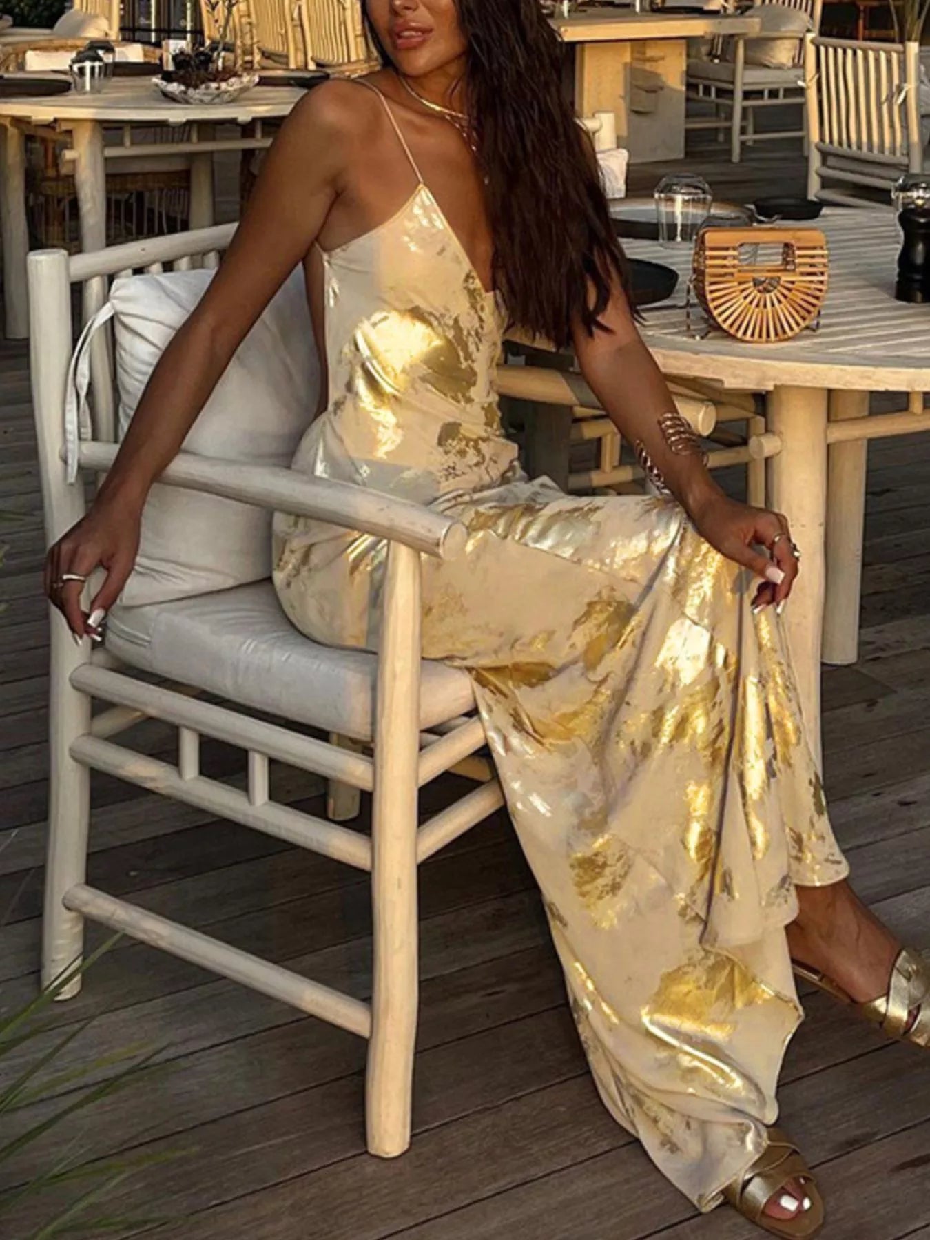 Gold backless V-neck maxi dress, draped maxi silhouette with allover gold shimmer