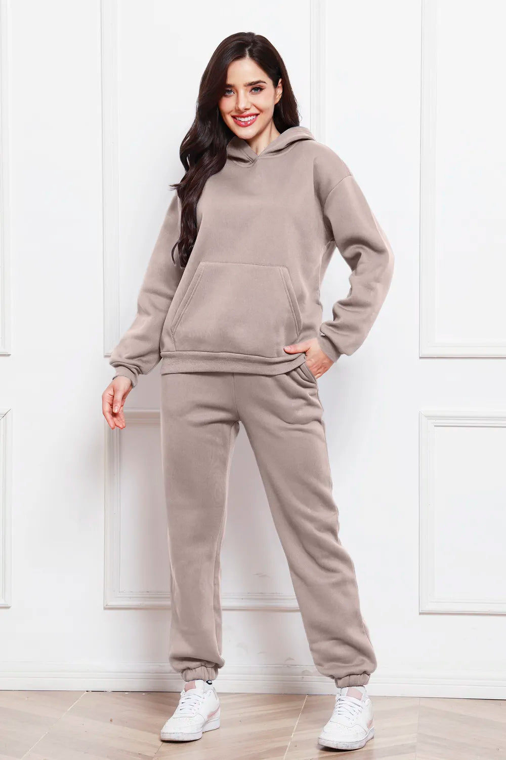Taupe drop-shoulder long-sleeve hoodie and matching jogger pants set, front view