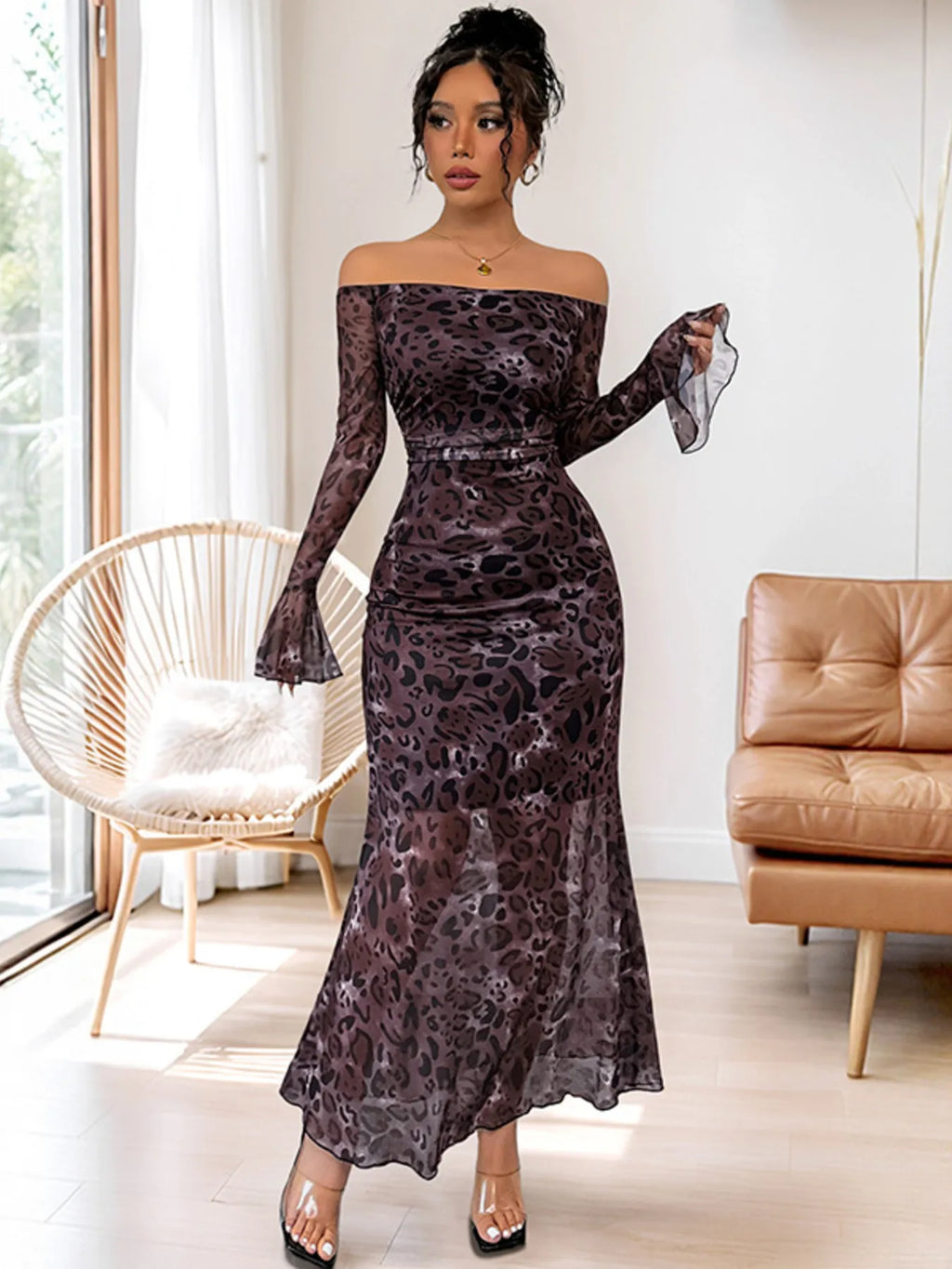 Purple leopard-print off-shoulder maxi dress with long sleeves and belted waist