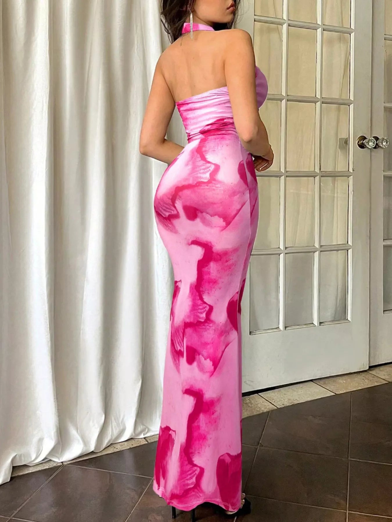 Women’s halter top and mermaid skirt set in pink tie-dye, open back detail
