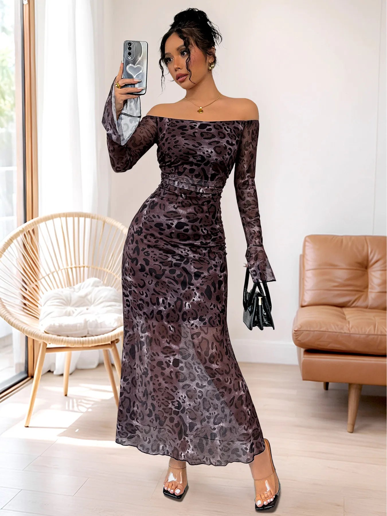 Purple leopard-print off-shoulder long-sleeve maxi dress, flared sleeves and tie waist