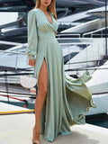Sage surplice maxi dress with long sleeves, V-neck, waist tie, thigh slit