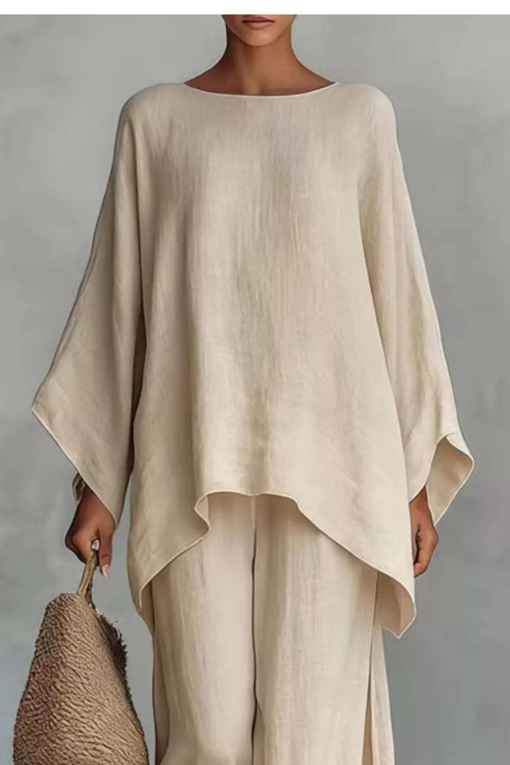 Beige solid long-sleeve draped top and wide-leg pants set, loose pullover style