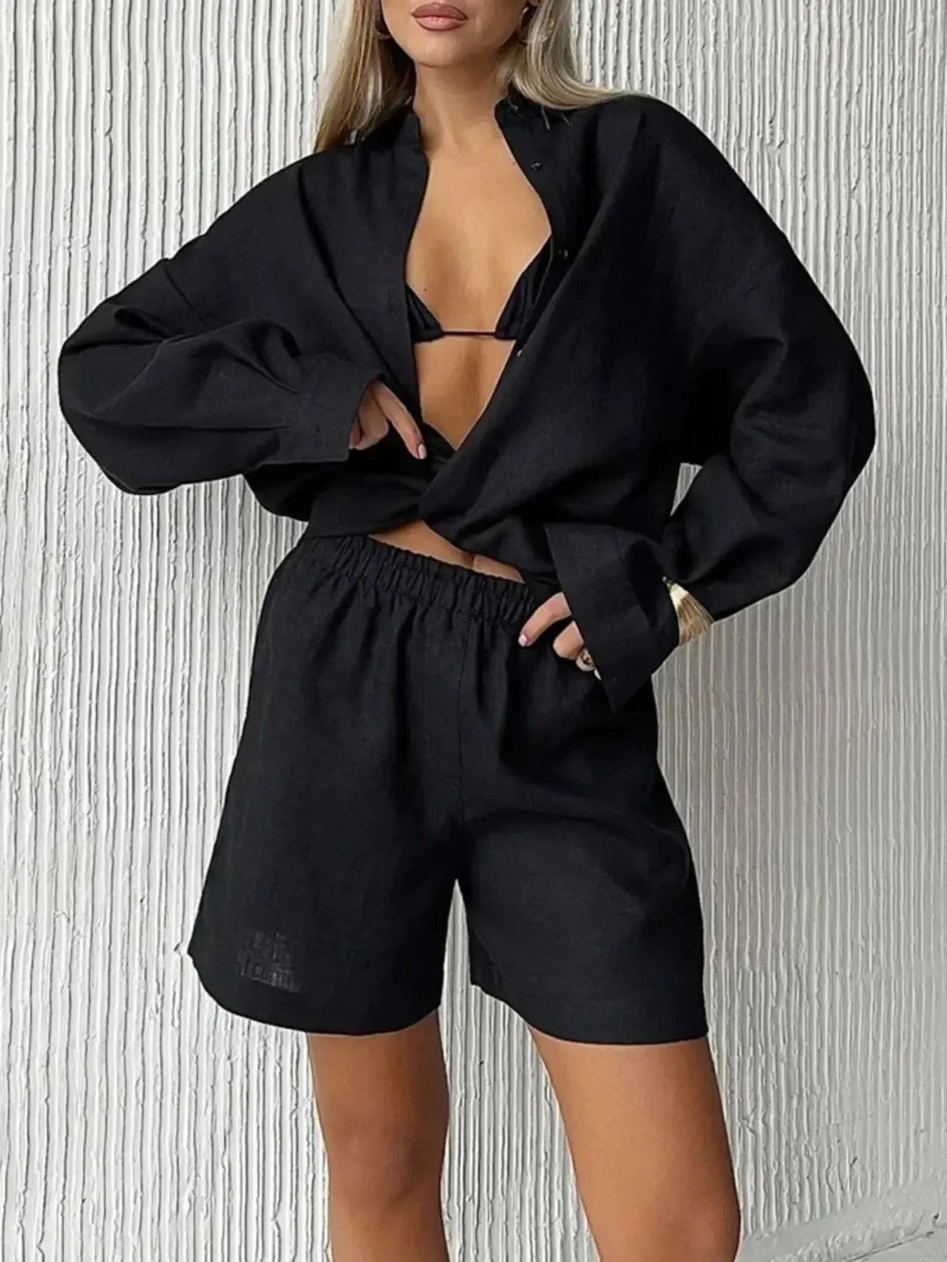 Black button-up long-sleeve shirt and matching elastic-waist shorts set