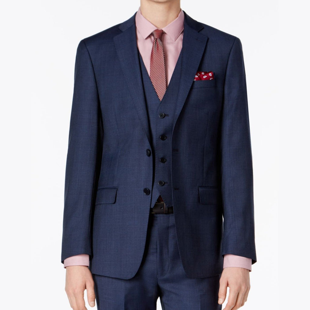 Blue tonal windowpane suit jacket with matching vest and red patterned pocket square