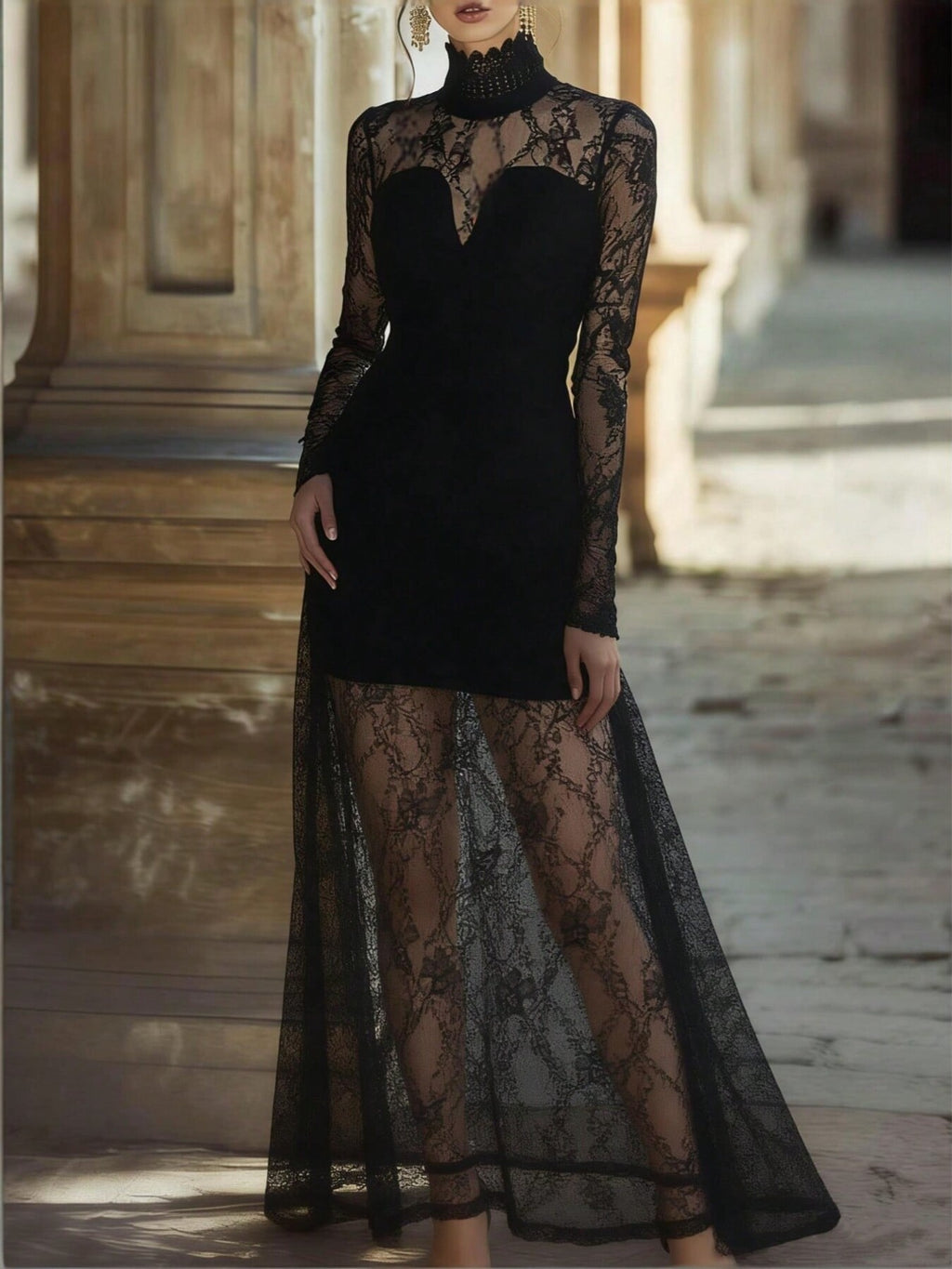 Black lace high-neck long-sleeve maxi dress with sheer lace skirt overlay