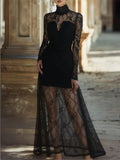 Black lace high-neck long-sleeve maxi dress with sheer lace skirt overlay