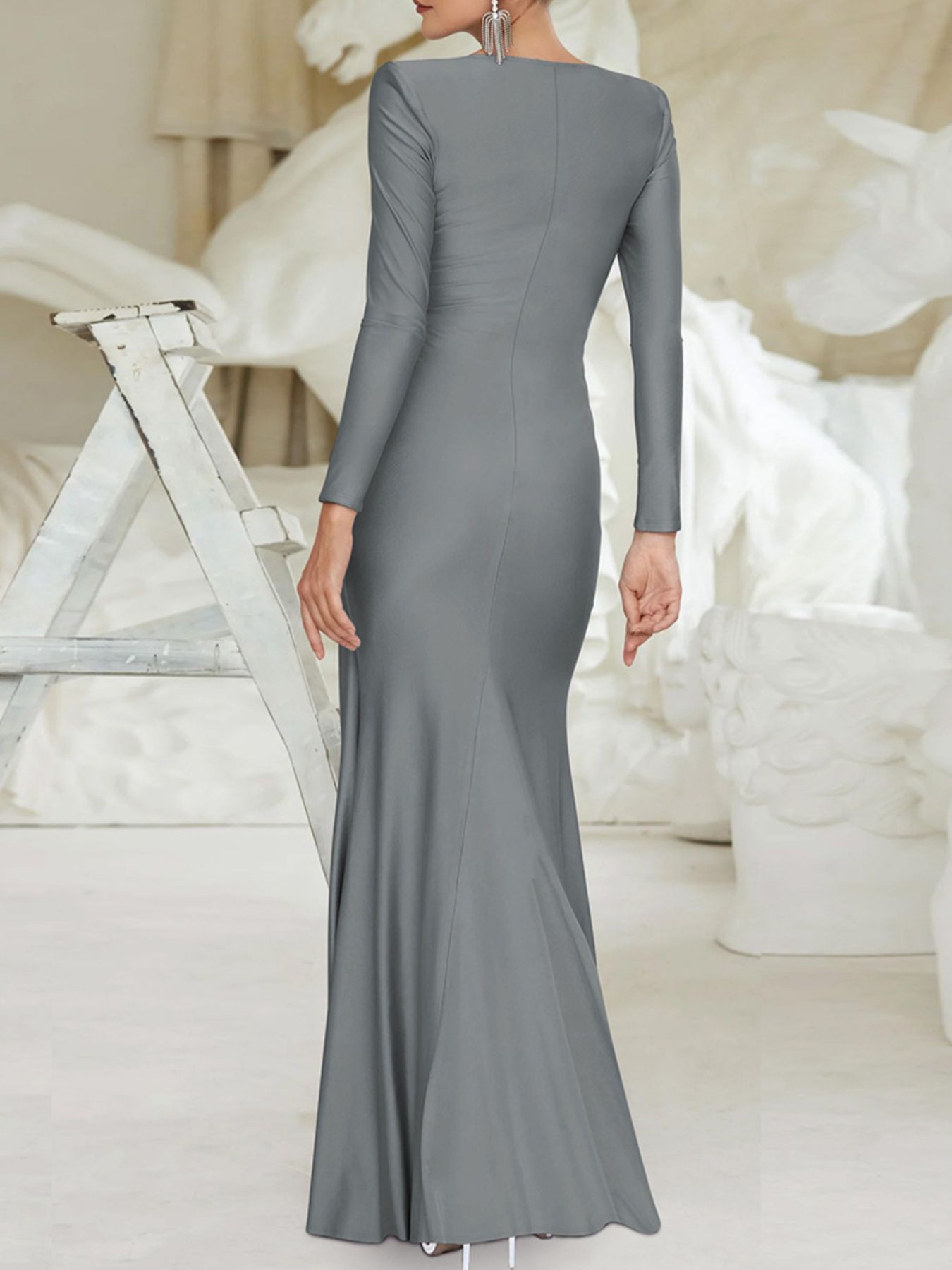 Ruched knot-front long sleeve maxi dress in gray, back view with gathered knot at center.