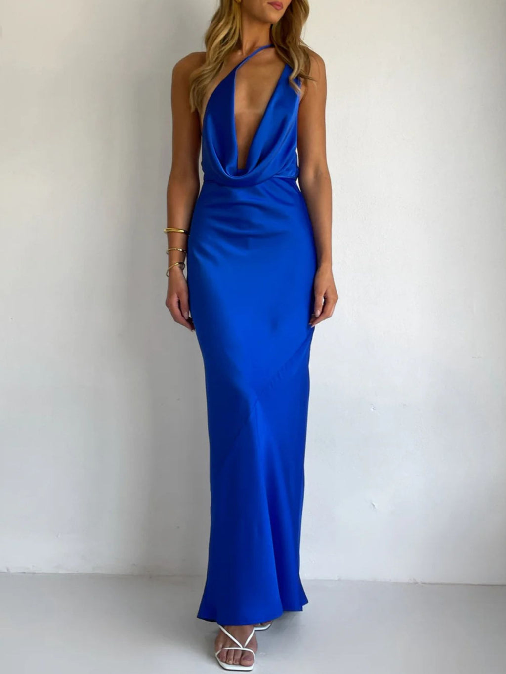 Blue satin halter maxi dress with halter cutout neckline and fitted long skirt