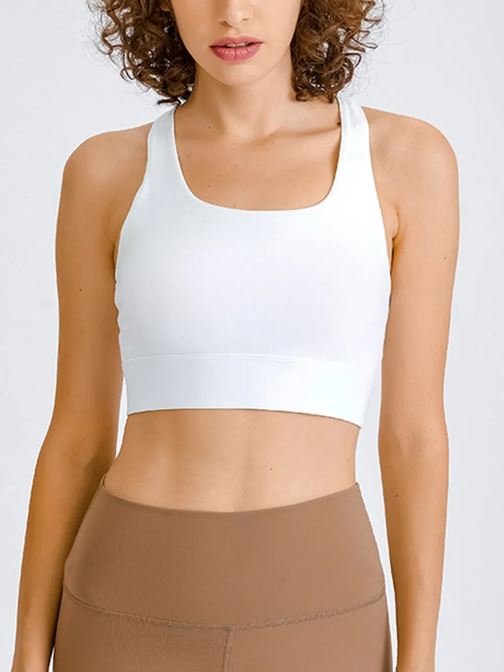 White cropped square-neck racerback tank top with wide straps and smooth fit