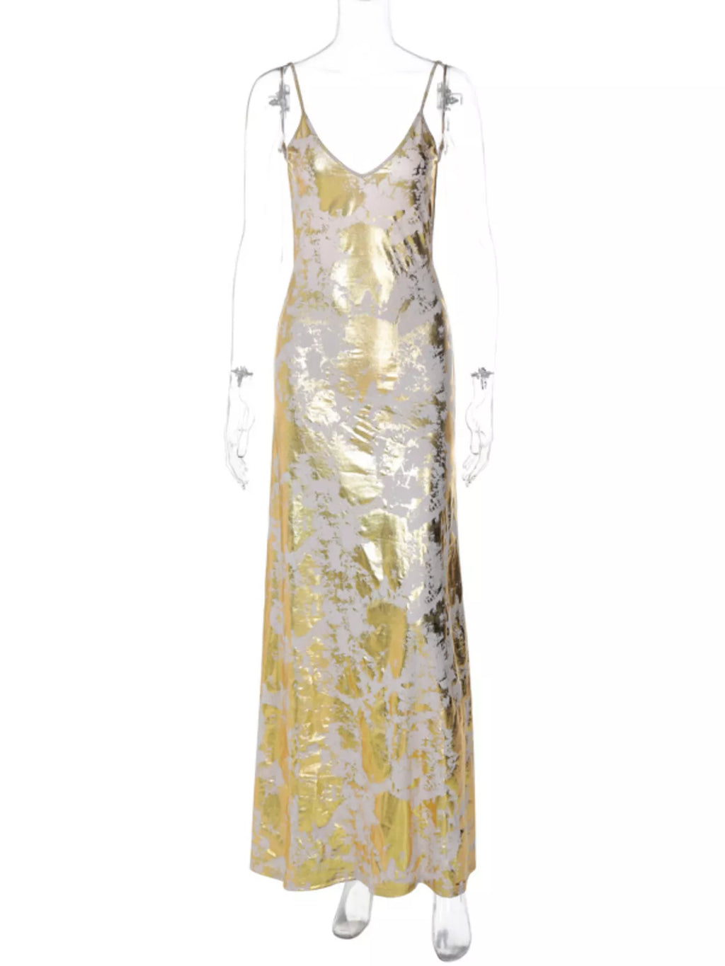 Gold backless V-neck maxi dress on mannequin: thin straps and flowing maxi length