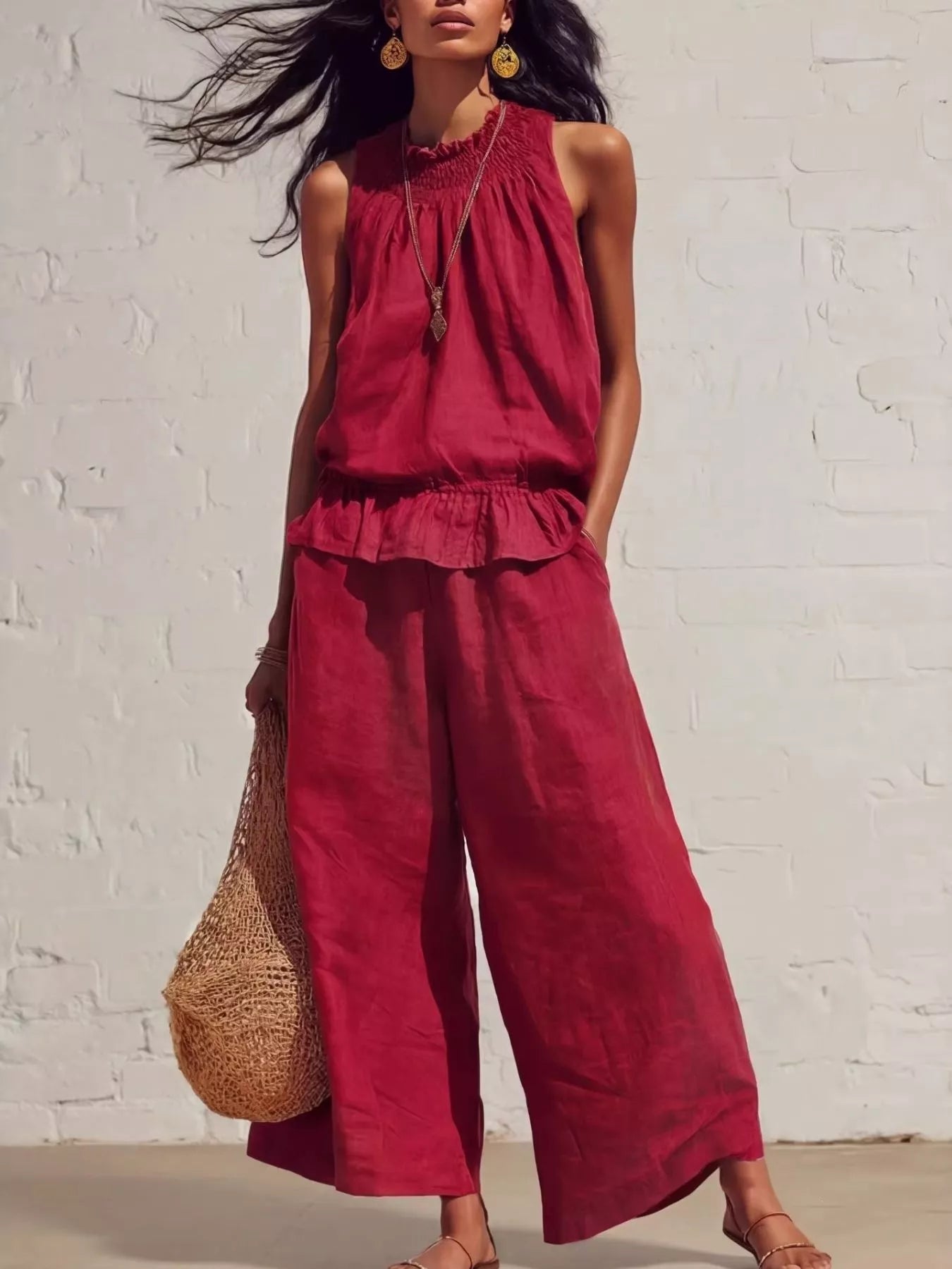 Scarlet smocked ruffled hem top and wide-leg pants set, sleeveless and tiered hem.
