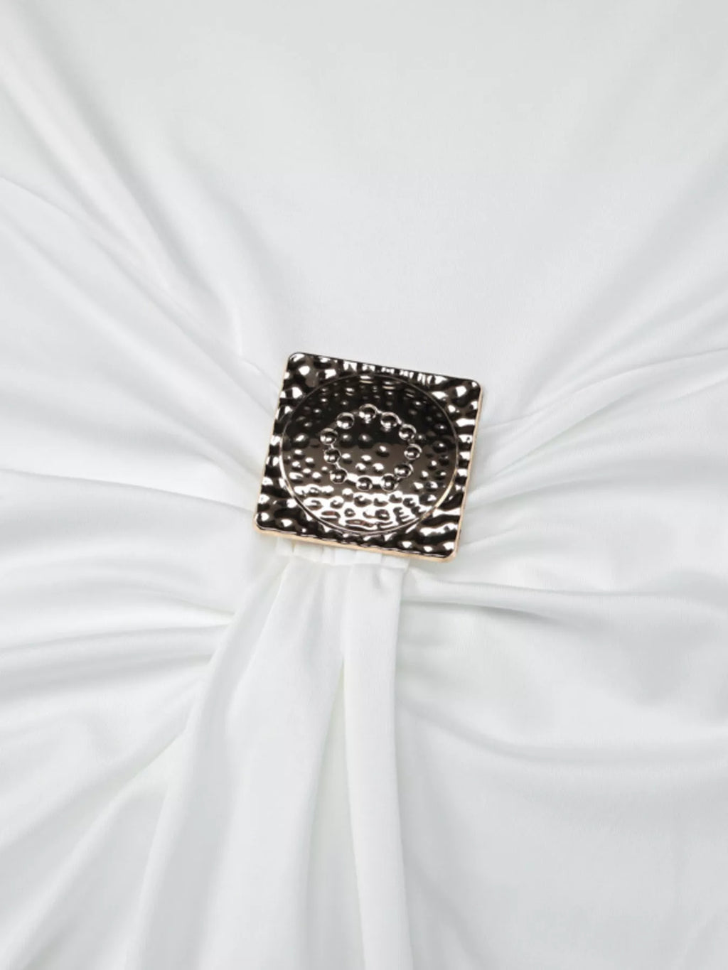 White backless halter maxi dress with jeweled square front buckle and gathered drape
