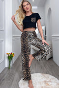 Leopard lounge set: black cropped T-shirt with lettuce-trim hem, leopard-pocket top & pants