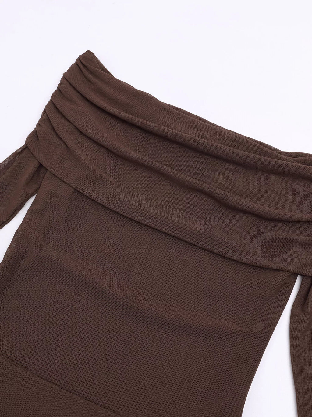 Brown off-shoulder dress fabric with ruched seam lines and draped neckline