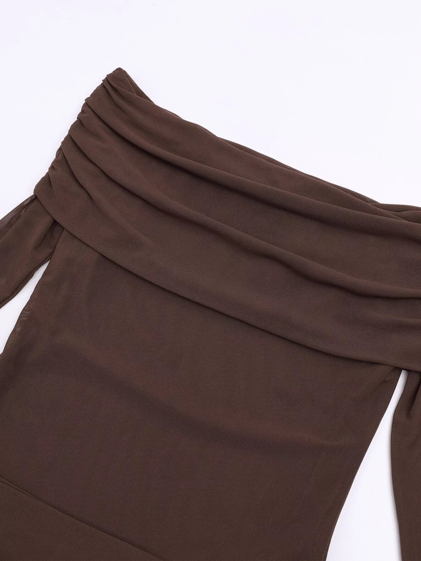 Brown off-shoulder dress fabric with ruched seam lines and draped neckline