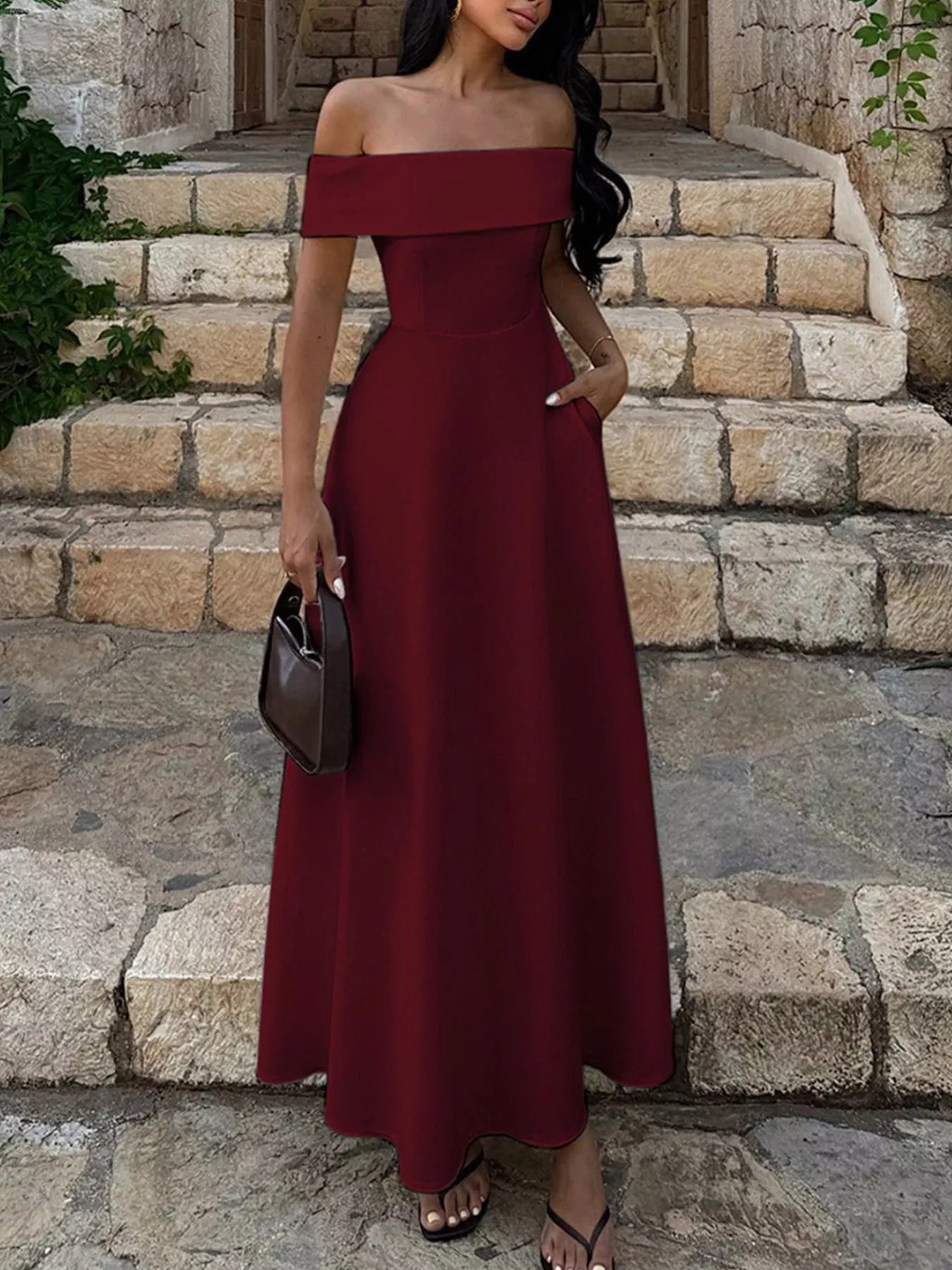 Off-shoulder A-line maxi dress in burgundy, draped off-shoulder neckline and full hem