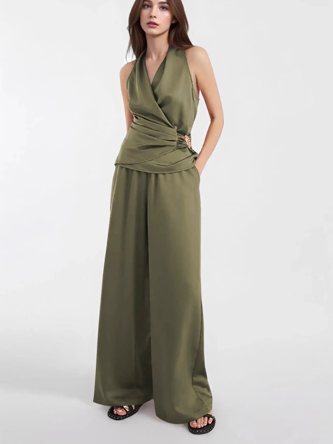 Olive green surplice sleeveless top and matching wide-leg pants, side view