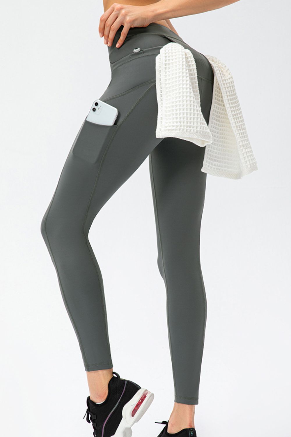Dark gray slim fit high-waist long sports pants with side pocket