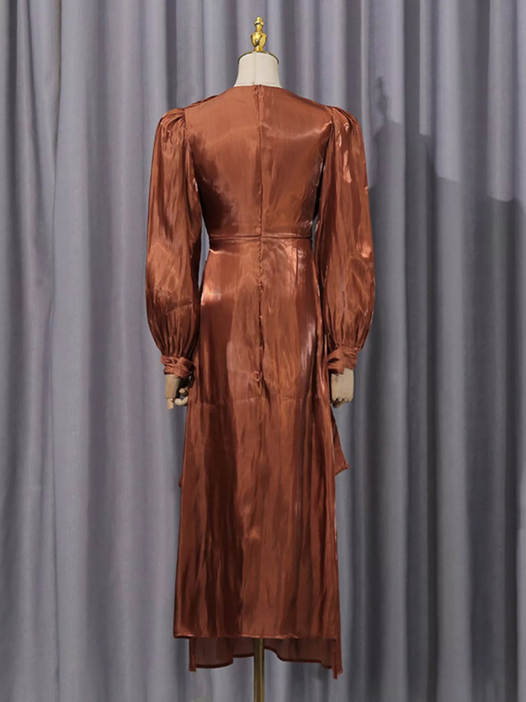 Coffee-brown draped long-sleeve maxi dress, back view