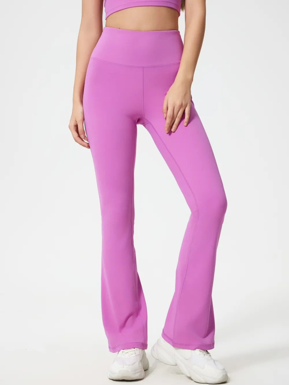 High-waist active pants, pink-purple, wide bootcut flare legs, full length