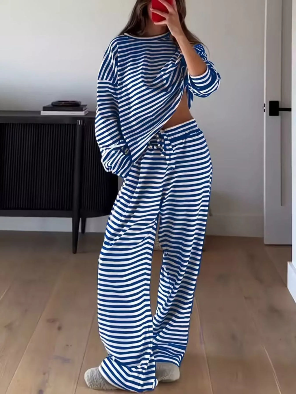 Royal blue-and-white striped long-sleeve top with matching wide-leg pants set for lounge