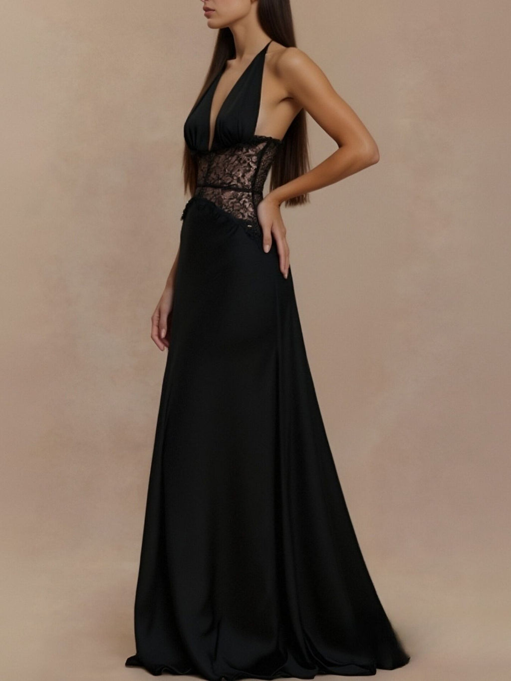 Black halter neck maxi dress with lace bodice and flowing floor-length skirt
