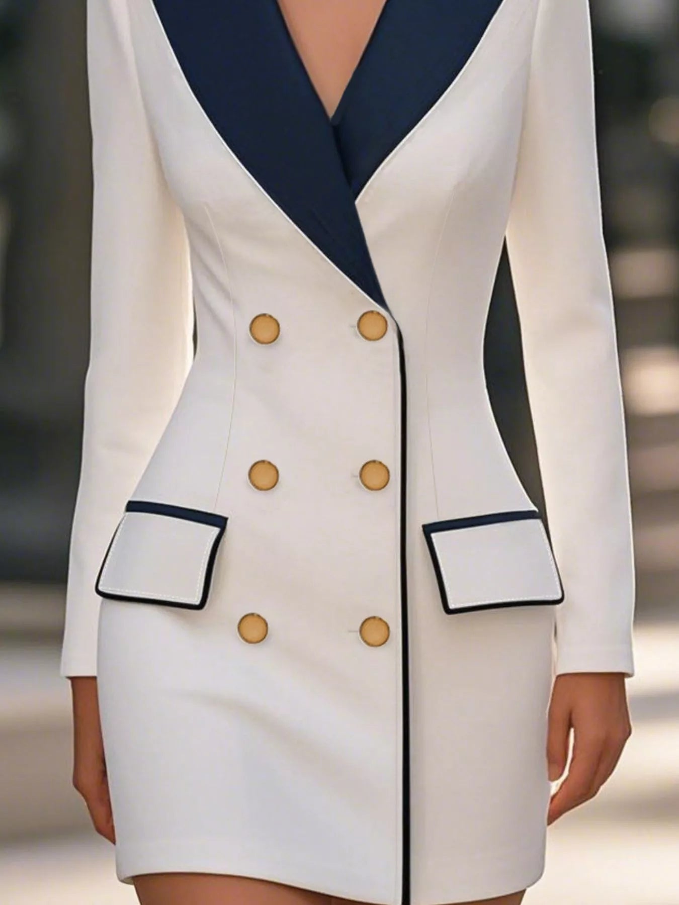 Close-up: white blazer dress with navy double-breast placket, gold buttons, flap pockets