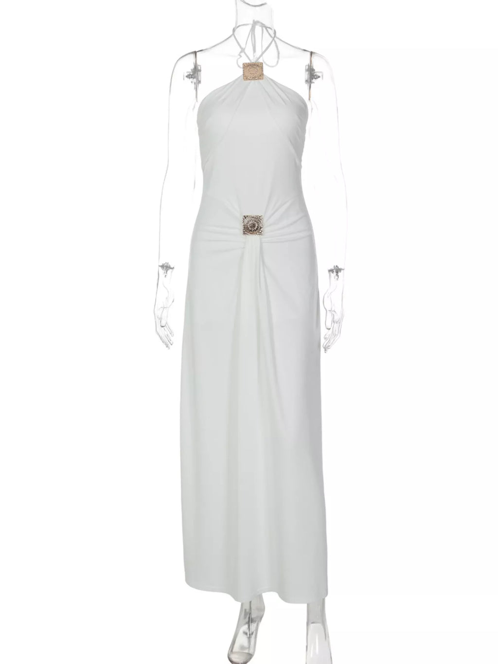 White halter backless maxi dress on hanger, ruched bodice with draped waist detail.