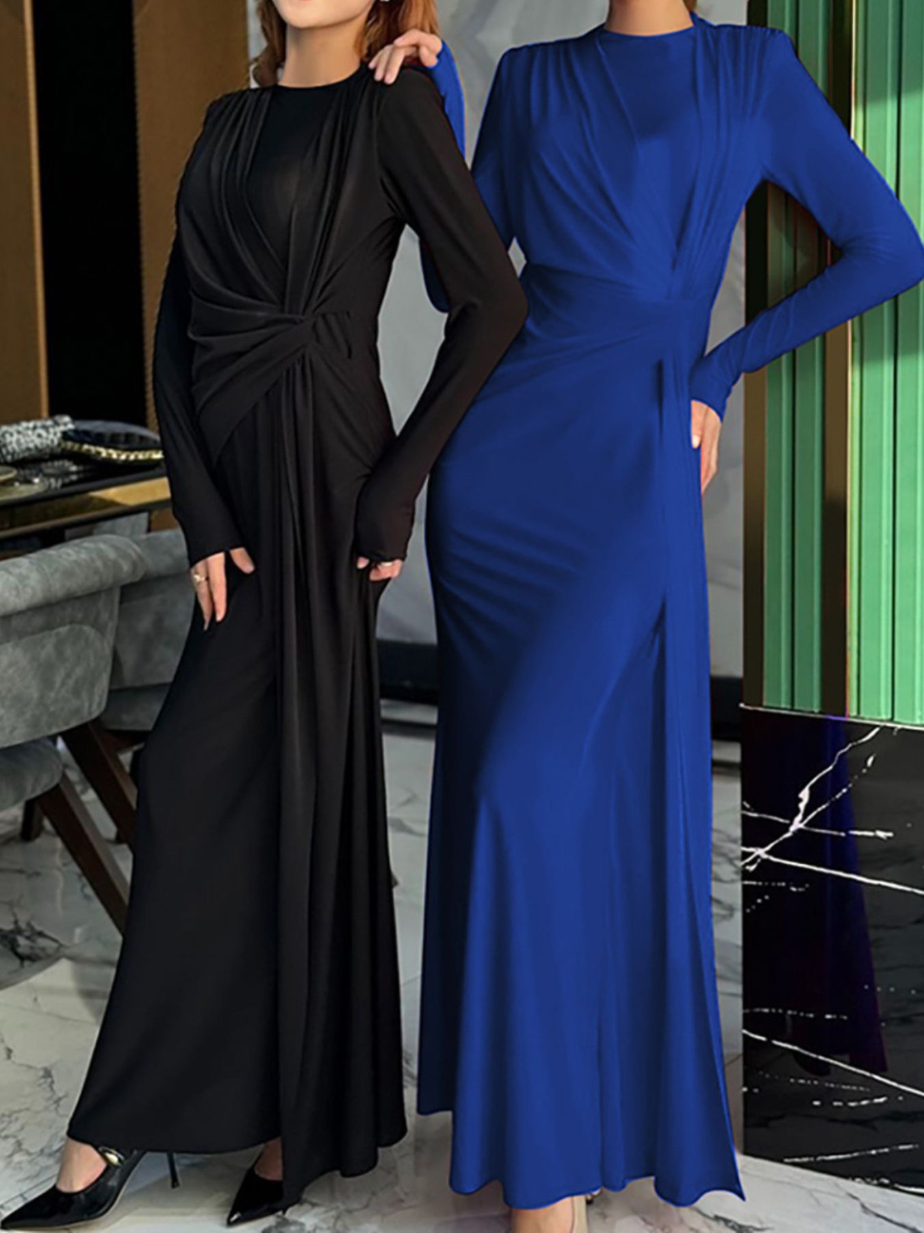 Black long-sleeve maxi dress with ruched knot front and twisted waist seam