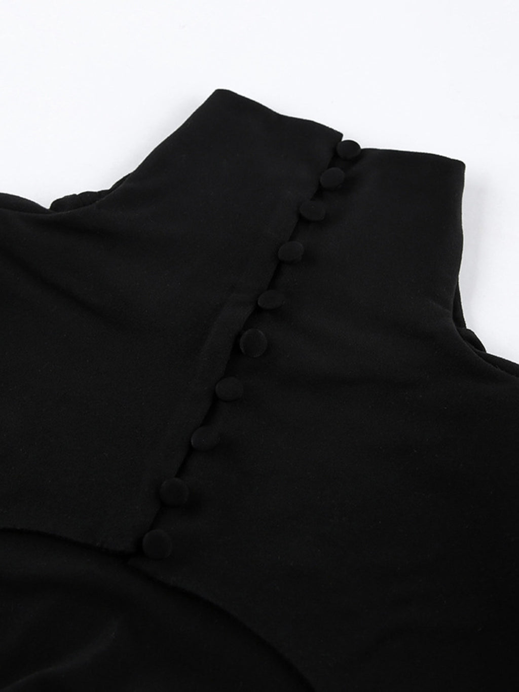 Black turtleneck collar with button placket detail on backless maxi dress