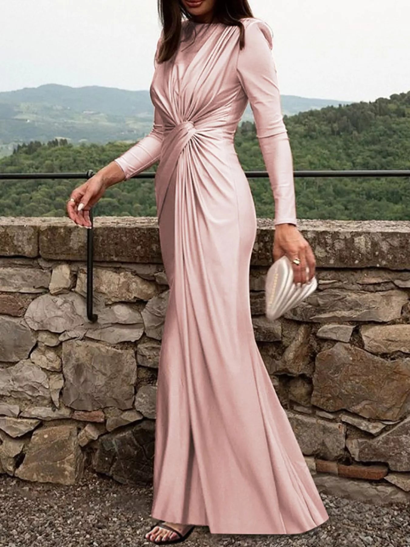 Blush pink twisted long sleeve maxi dress with gathered knot detail at waist