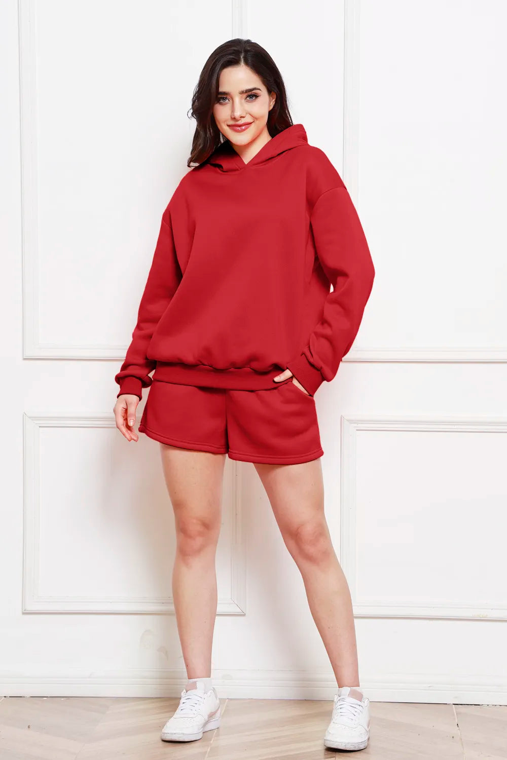 Deep red hoodie and matching shorts set with drawstring hood, front view
