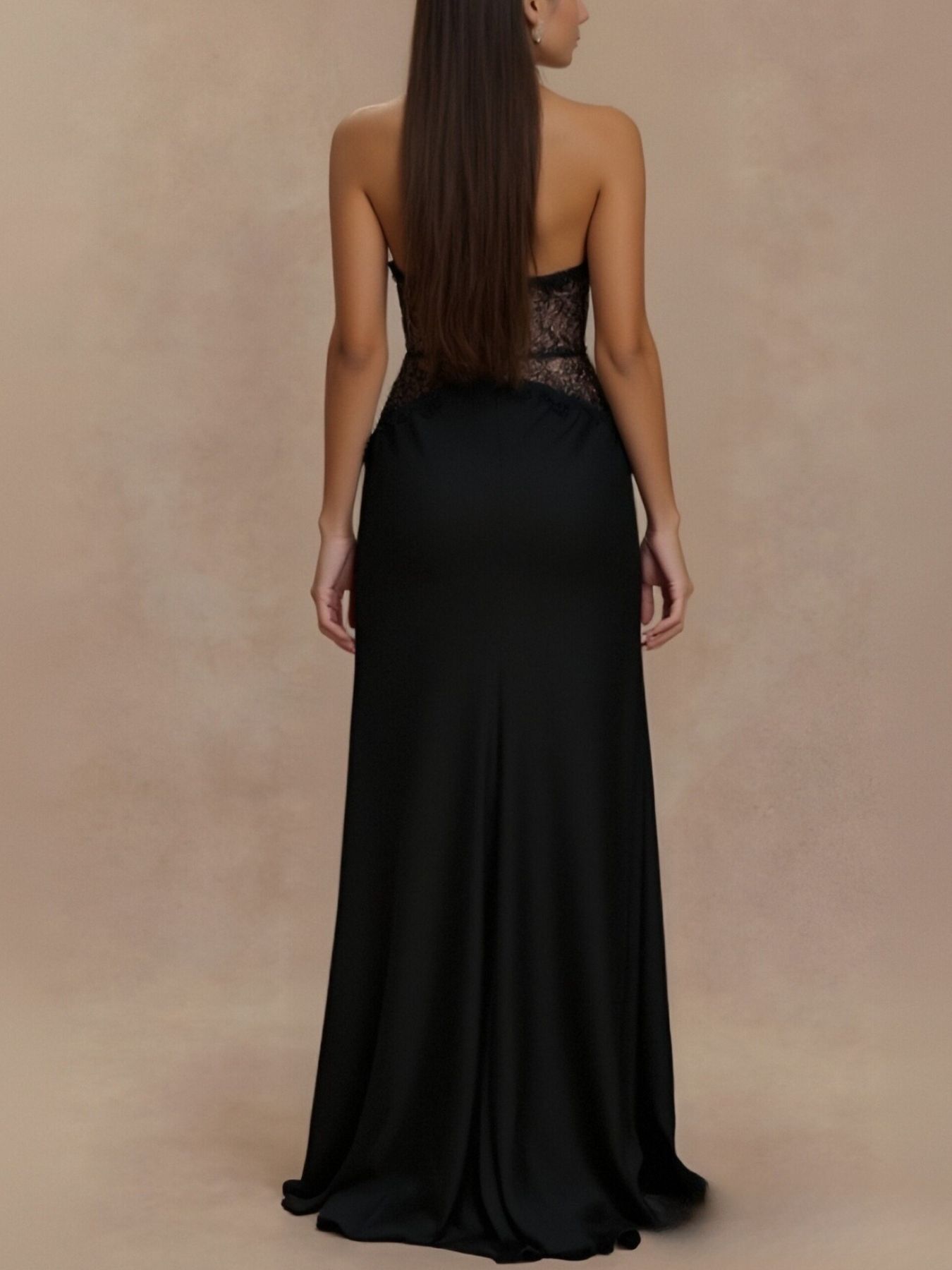 Back view black halter neck lace-trimmed maxi dress with lace back panel