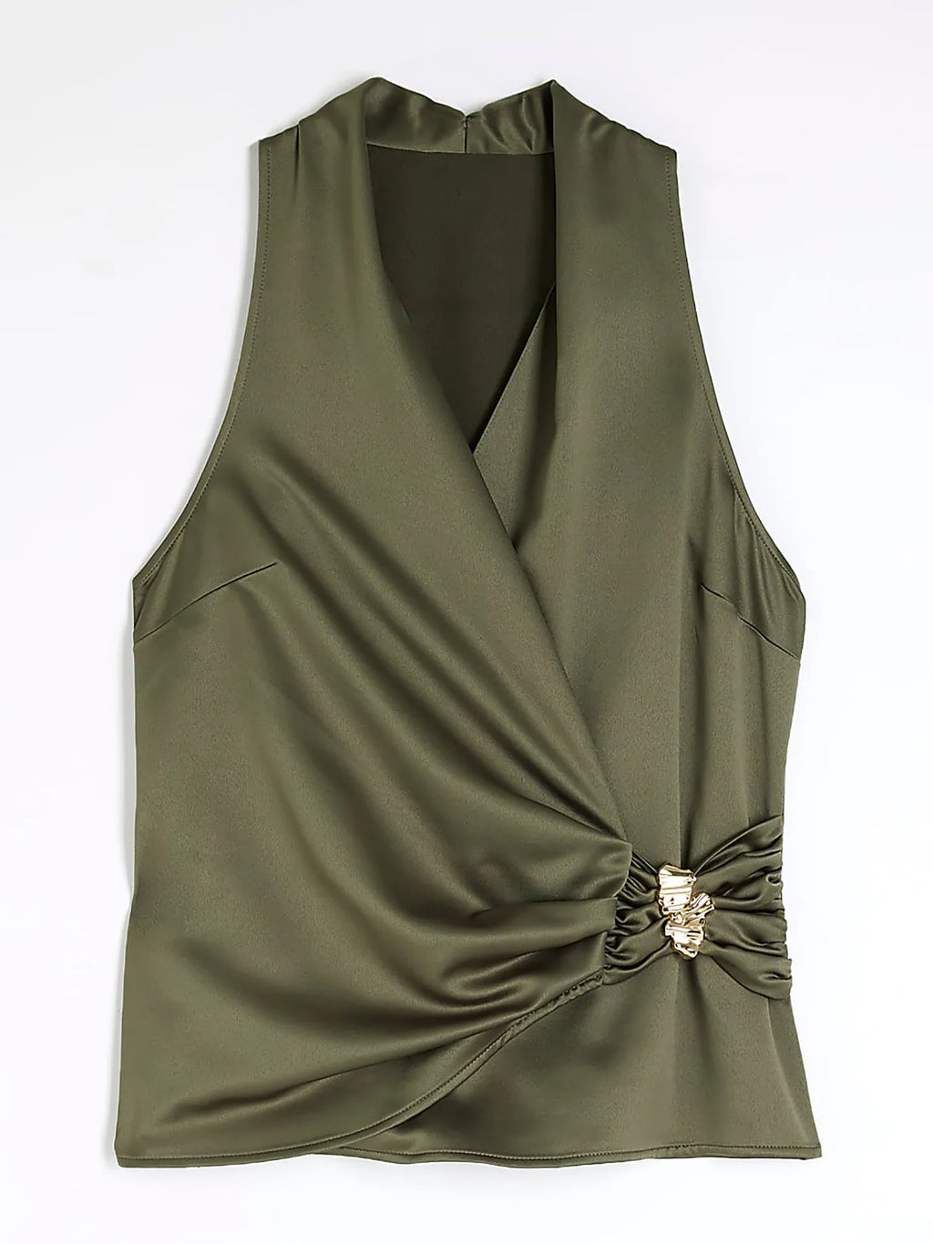 Olive green surplice sleeveless top with knot and draped front