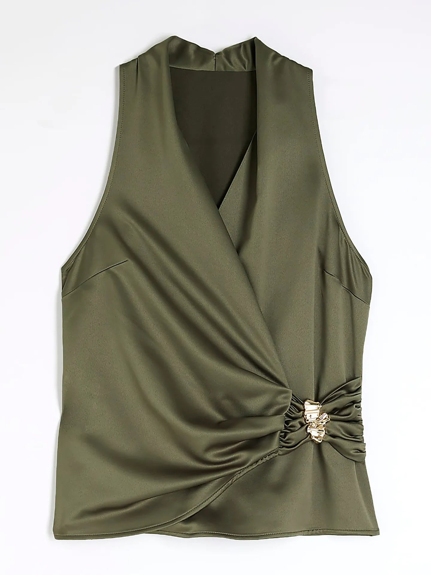 Olive green surplice sleeveless top with knot and draped front