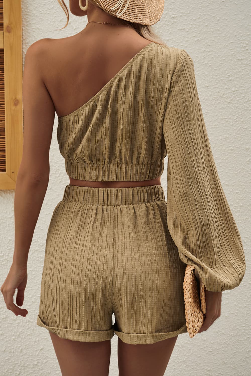 Khaki one-shoulder crop top and high-waist shorts set with open back