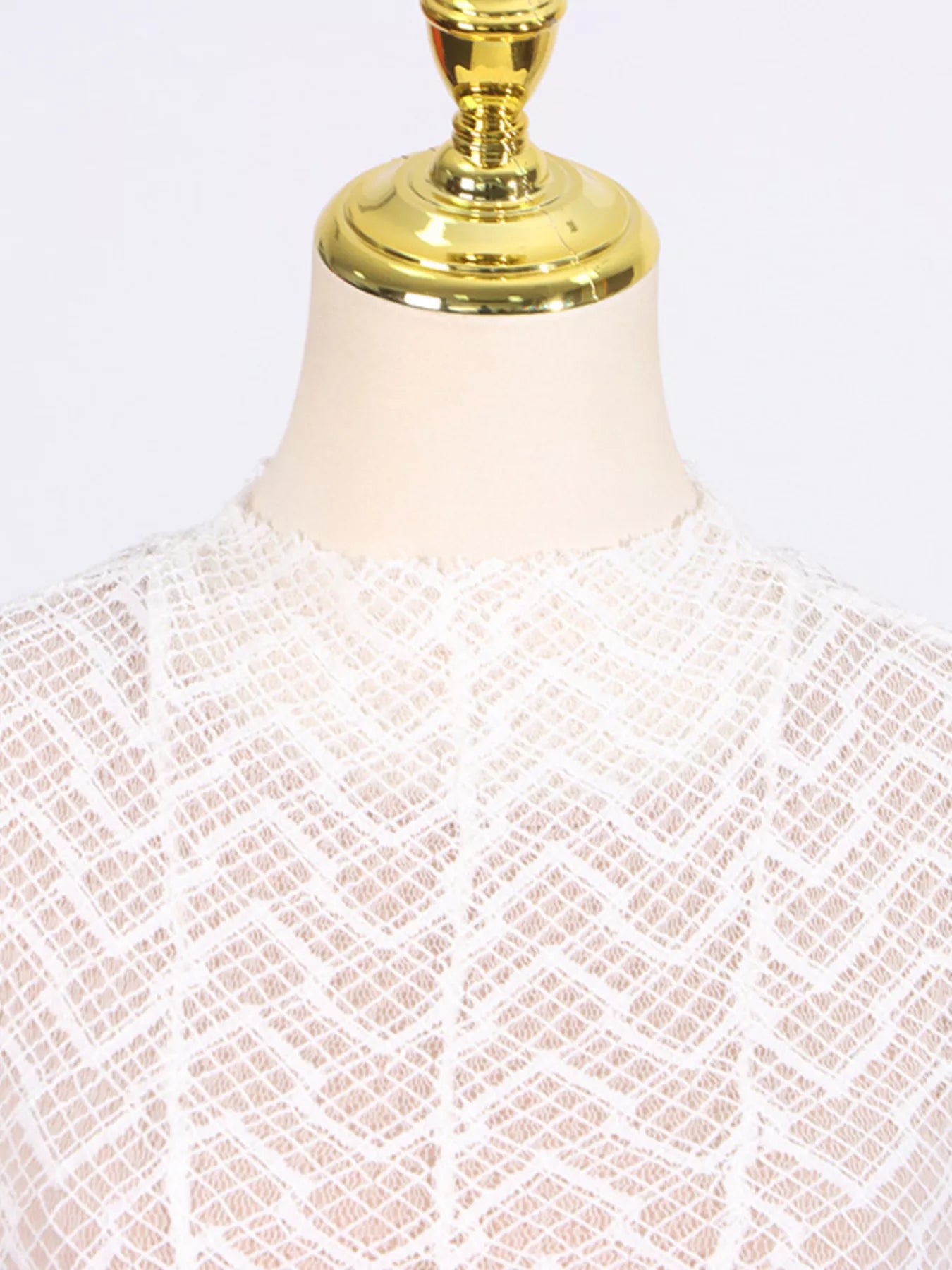 White lace long-sleeve maxi dress with mock neck and allover openwork detail