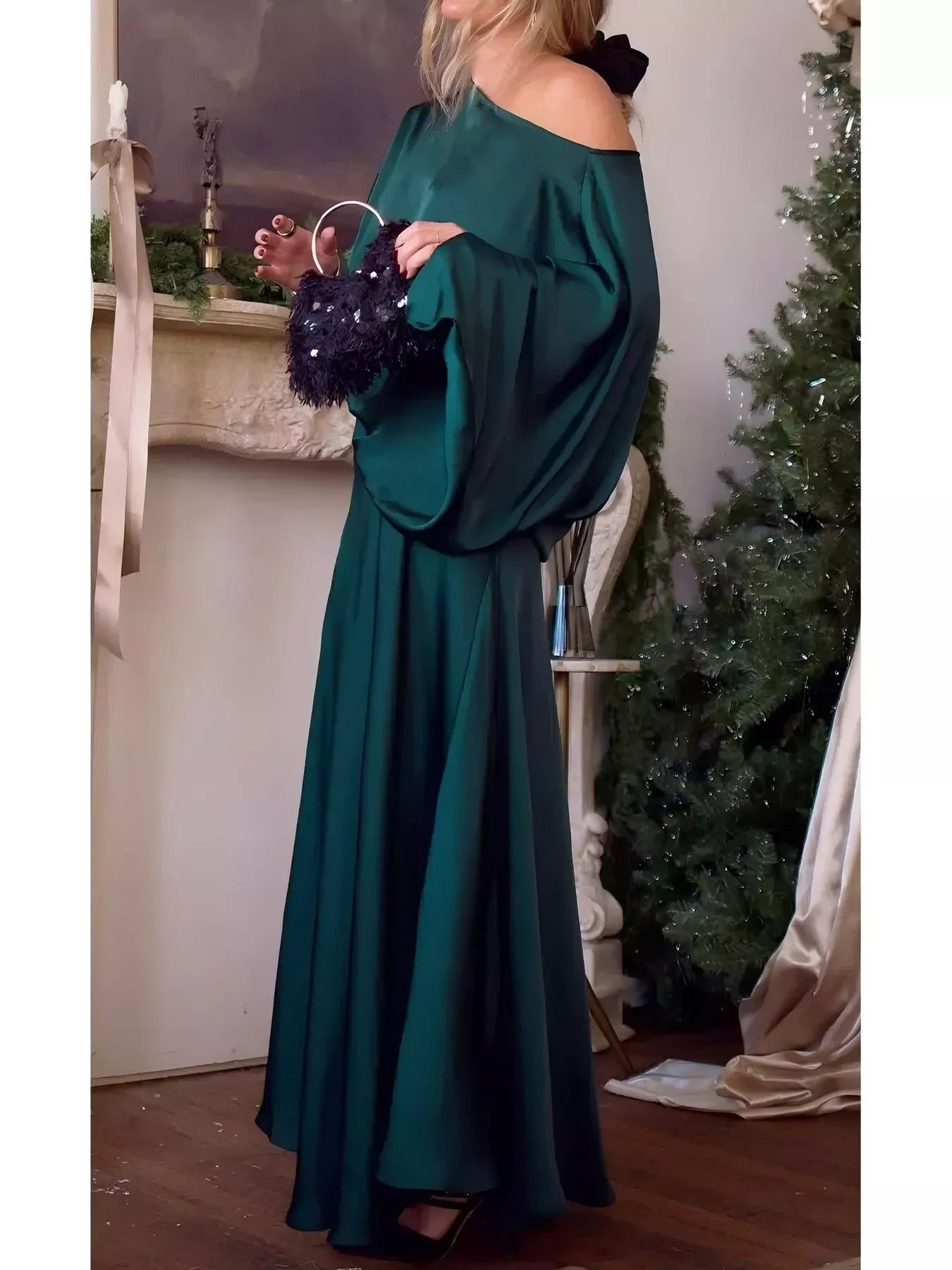 Dark green satin maxi dress with batwing sleeves, gathered waist, and side flow