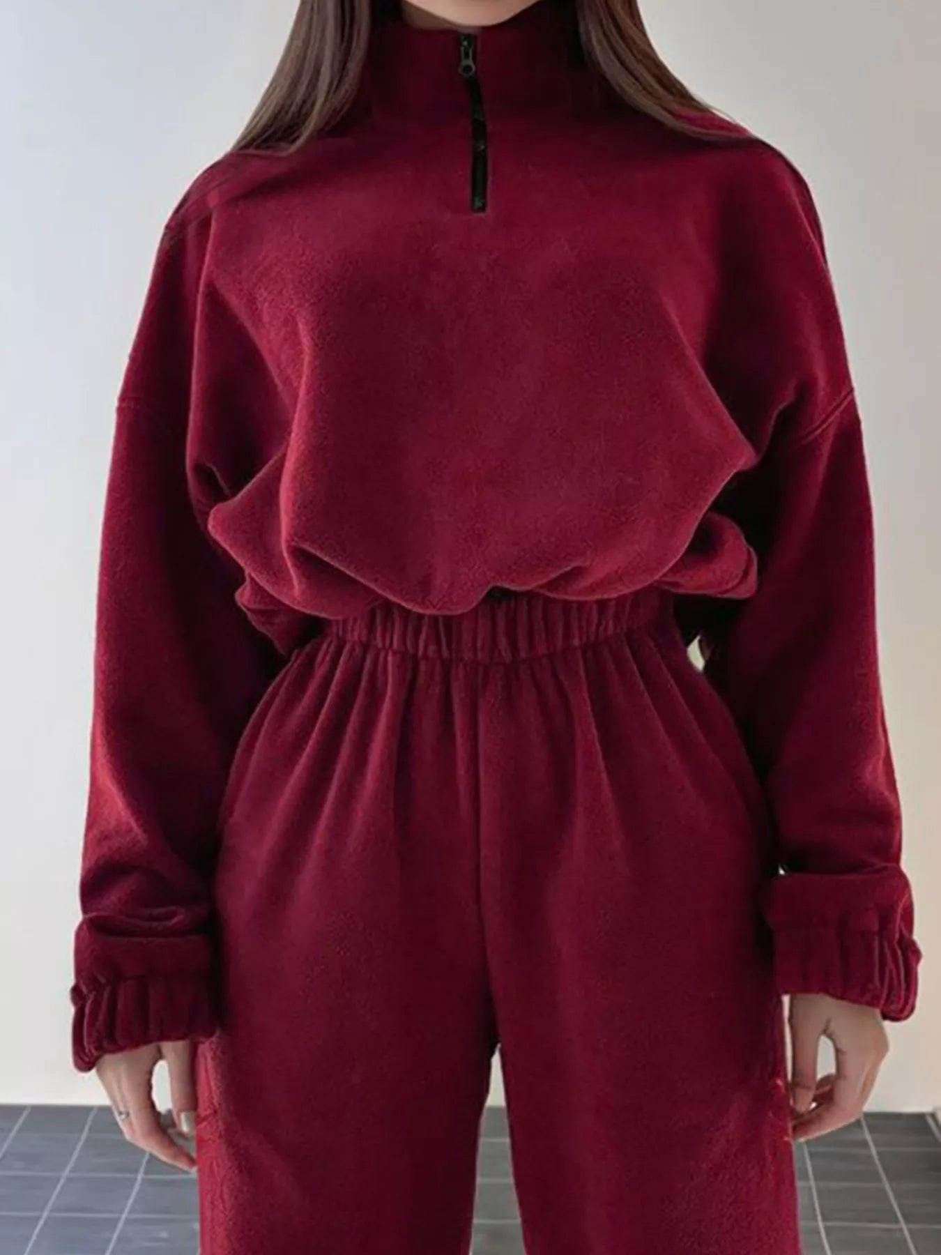 Burgundy quarter-zip sweatshirt with stand collar and drawstring waist jogger set