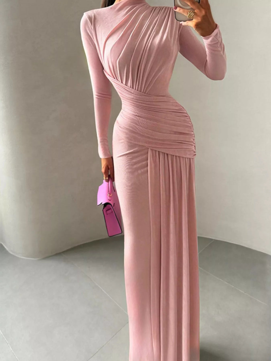 Pink ruched long-sleeve maxi dress, high neck with gathered waist and pleated hem