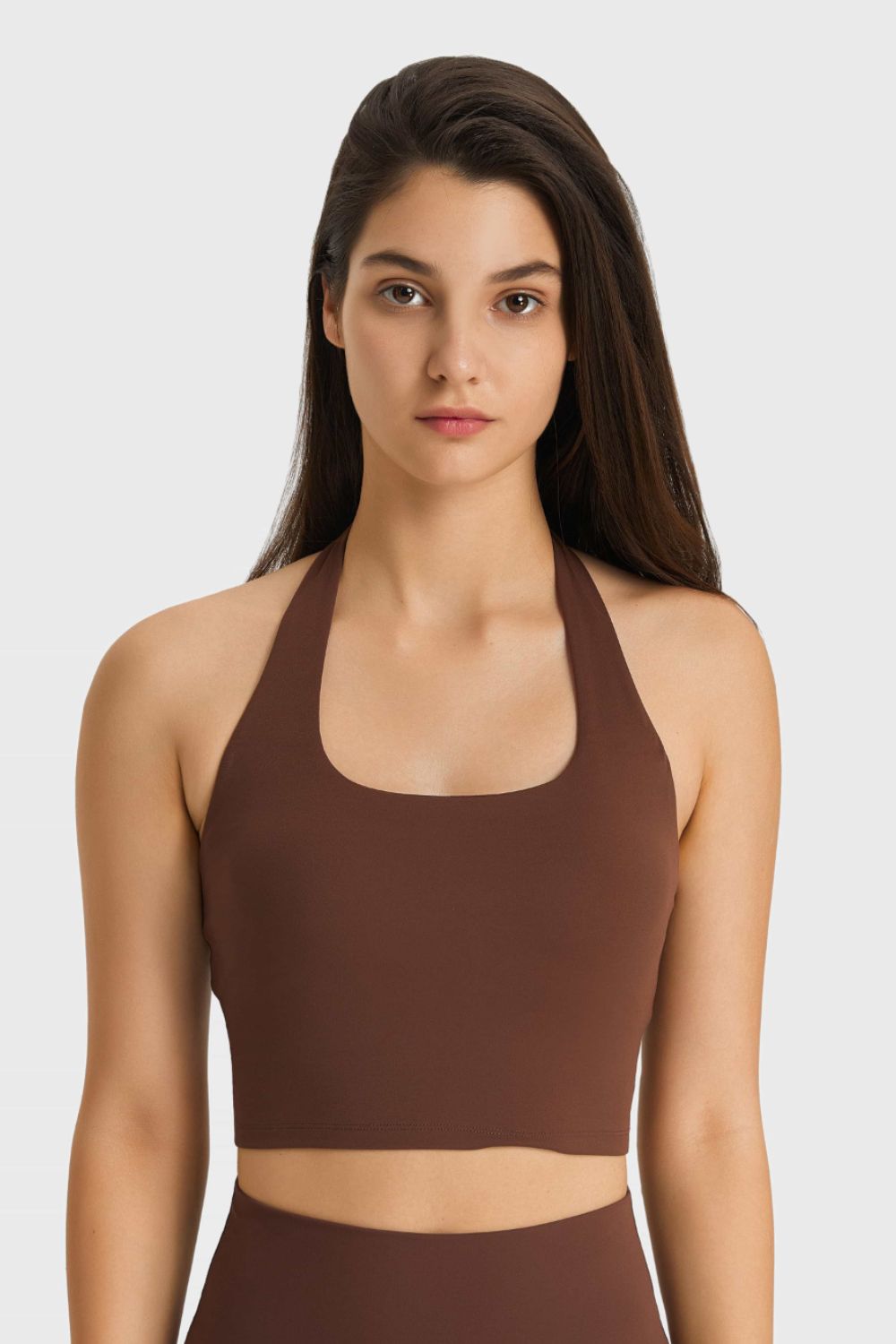 Breathable halter sports bra in brown, scoop halter neck with fitted underbust band