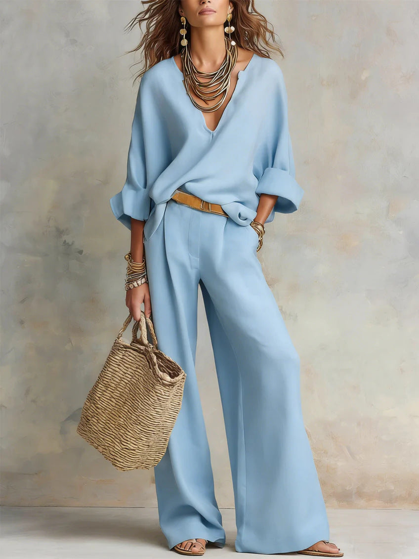 Casual Linen Vacation Set – Three-Quarter Sleeve Top & Full-Length Pants